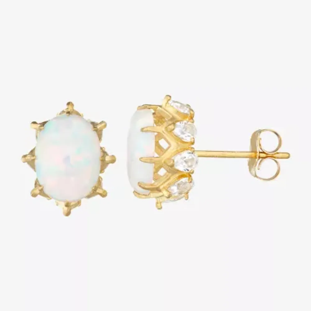 Lab Created White Opal 10K Gold 10mm Oval Stud Earrings