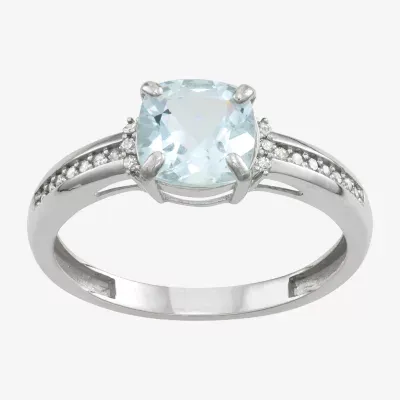 Womens Genuine Blue Aquamarine & 1/10 CT. T.W. White Diamond 10K Gold Cocktail Ring