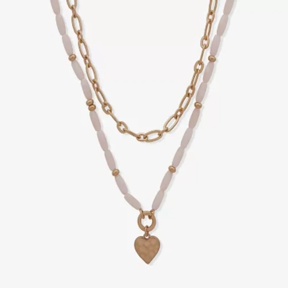 a.n.a Gold Tone & Pink Bead Pendant 20 Inch Figaro Heart Strand Necklace