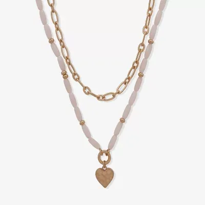 a.n.a Gold Tone & Pink Bead Pendant 20 Inch Figaro Heart Strand Necklace