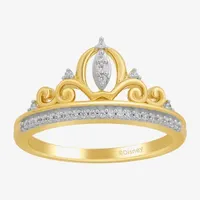 Enchanted Disney Fine Jewelry Womens 1/8 CT. T.W. Natural White Diamond 14K Gold Over Silver Sterling Crown Cinderella Princess Cocktail Ring