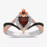 Enchanted Disney Fine Jewelry Villains Womens 1/6 CT. T.W. Genuine Red Garnet 14K Rose Gold Over Silver Sterling Heart Evil Queen Side Stone Cocktail Ring