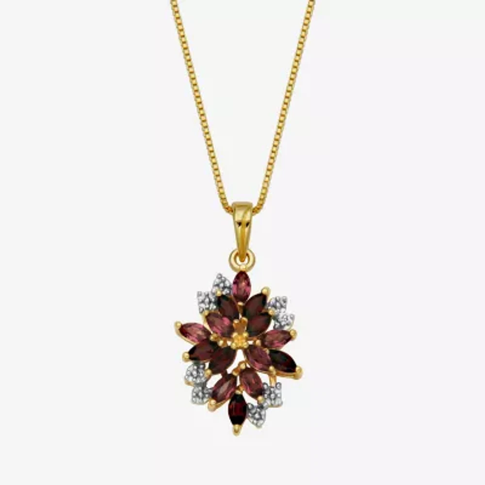 Womens Genuine Red Garnet 18K Gold Over Silver Flower Pendant Necklace