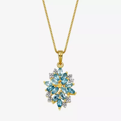 Womens Genuine Blue Topaz 18K Gold Over Silver Flower Pendant Necklace