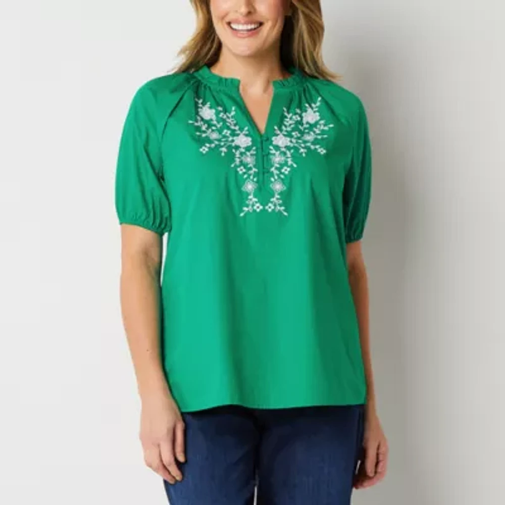 St. John's Bay Womens Y Neck Elbow Sleeve Blouse