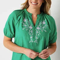 St. John's Bay Womens Y Neck Elbow Sleeve Blouse