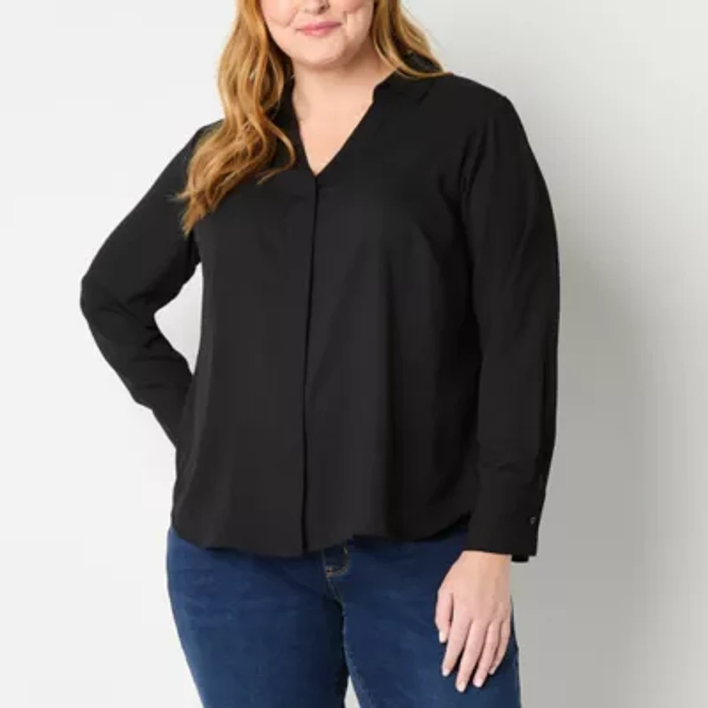 Liz Claiborne Plus Adaptive Womens Long Sleeve Easy-on + Easy-off Blouse