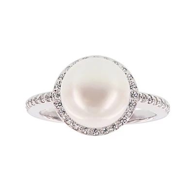 Diamonart® Cultured Freshwater Pearl and Cubic Zirconia Sterling Silver Ring