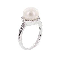 Diamonart® Cultured Freshwater Pearl and Cubic Zirconia Sterling Silver Ring