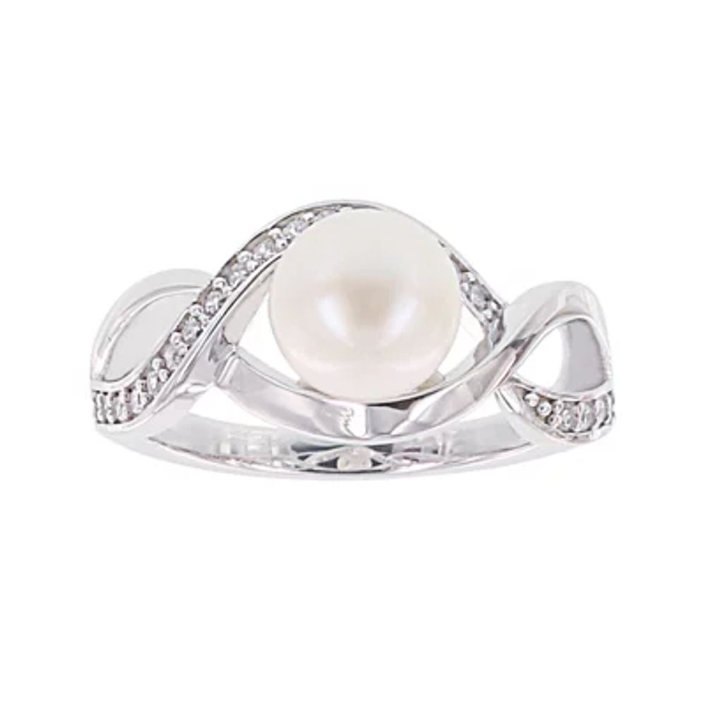 Diamonart® Cultured Freshwater Pearl and Cubic Zirconia Sterling Silver Swirl Ring