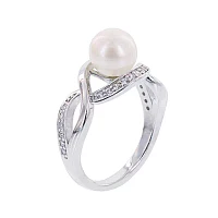 Diamonart® Cultured Freshwater Pearl and Cubic Zirconia Sterling Silver Swirl Ring