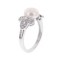 Diamonart® Cultured Freshwater Pearl and Cubic Zirconia Sterling Silver Clover Ring