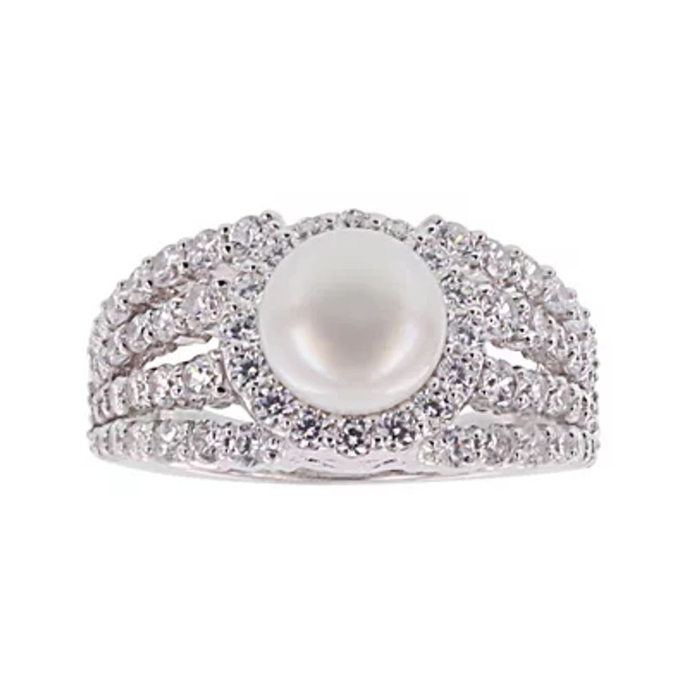 Diamonart® Cultured Freshwater Pearl and Cubic Zirconia Multi-Row Sterling Silver Ring