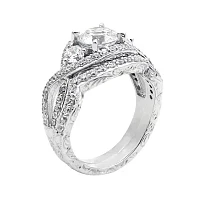 Diamonart® Cubic Zirconia Sterling Silver 3-Stone Bridal Ring Set