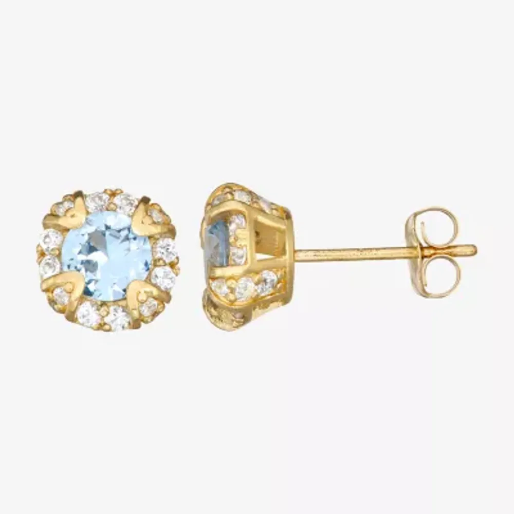 Lab Created Blue Aquamarine 10K Gold 1/4 Inch Round Stud Earrings