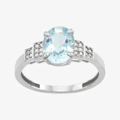 Womens Genuine Blue Aquamarine & 1/10 CT. T.W. White Diamond 10K Gold Cocktail Ring