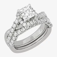 H-I / Si1-Si2) Womens / CT. T.W. Lab Grown White Diamond 10K Gold Cushion Side Stone Halo Bridal Set