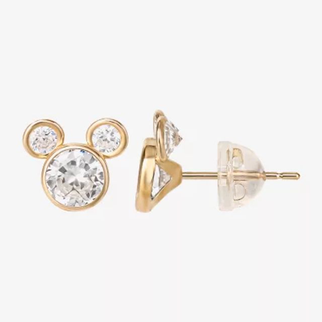 White Cubic Zirconia 14K Gold 8mm Mickey Mouse Stud Earrings