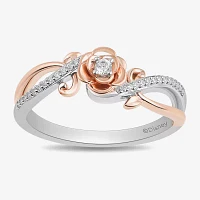 Enchanted Disney Fine Jewelry Womens 1/10 CT. T.W. Natural White Diamond 14K Rose Gold Over Silver Sterling Flower Beauty and the Beast Belle Princess Crossover Side Stone Cocktail Ring