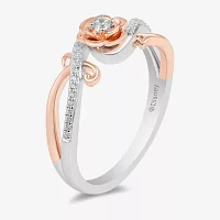 Enchanted Disney Fine Jewelry Womens 1/10 CT. T.W. Natural White Diamond 14K Rose Gold Over Silver Sterling Flower Beauty and the Beast Belle Princess Crossover Side Stone Cocktail Ring