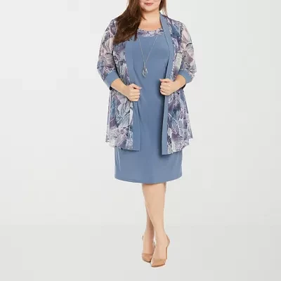 R & M Richards Womens Floral Jacket Dress Plus With Removable Necklace