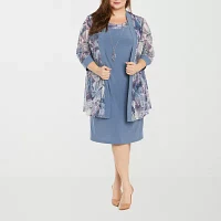 R & M Richards Womens Floral Jacket Dress Plus With Removable Necklace