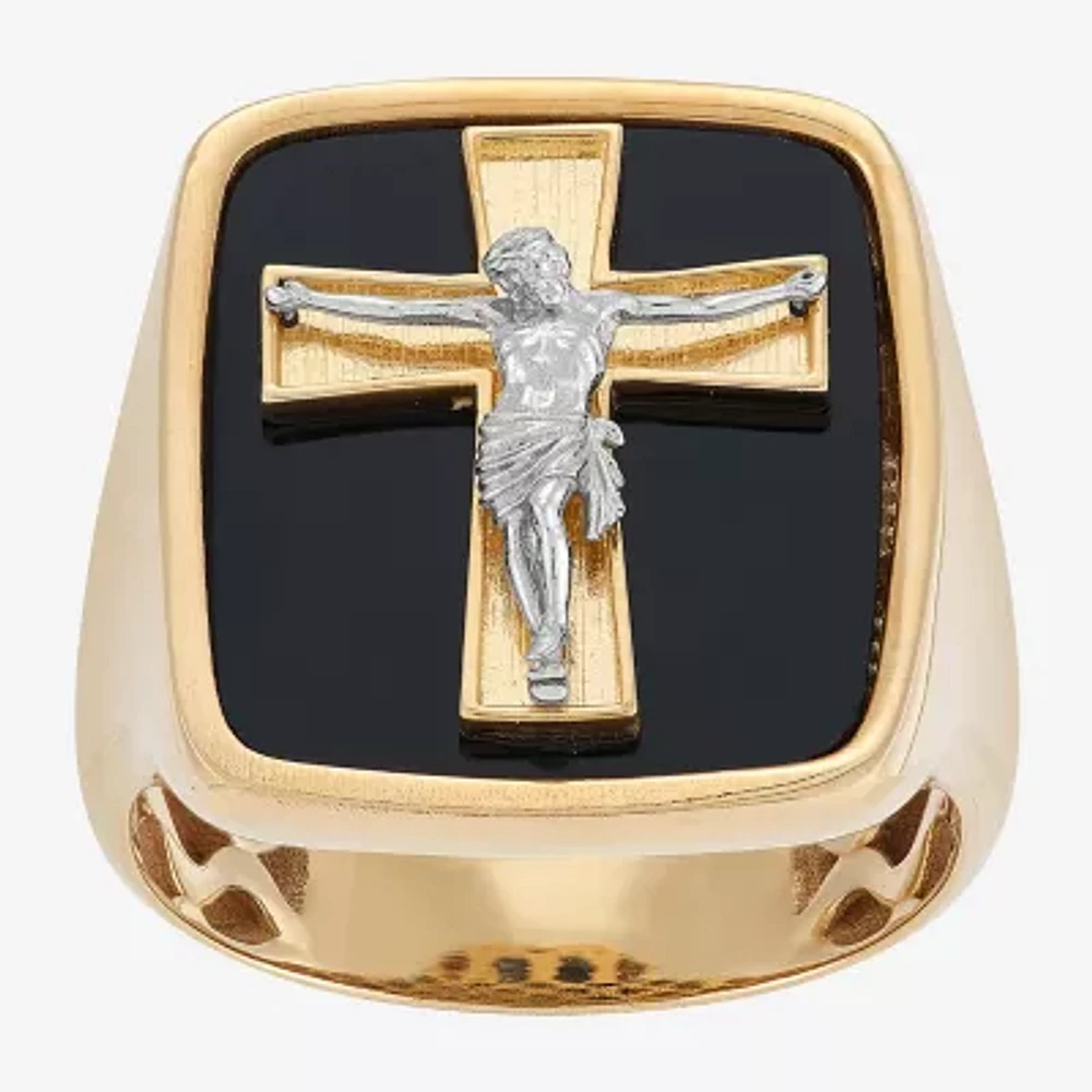 Crucifix Mens Genuine Black Onyx 10K Gold Cross Signet Ring