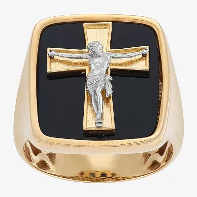 Crucifix Mens Genuine Black Onyx 10K Gold Cross Signet Ring