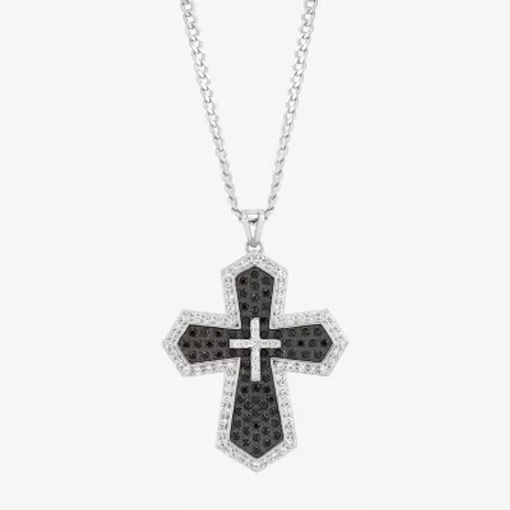 Made in Italy Mens Black Spinel Sterling Silver Cross Pendant Necklace