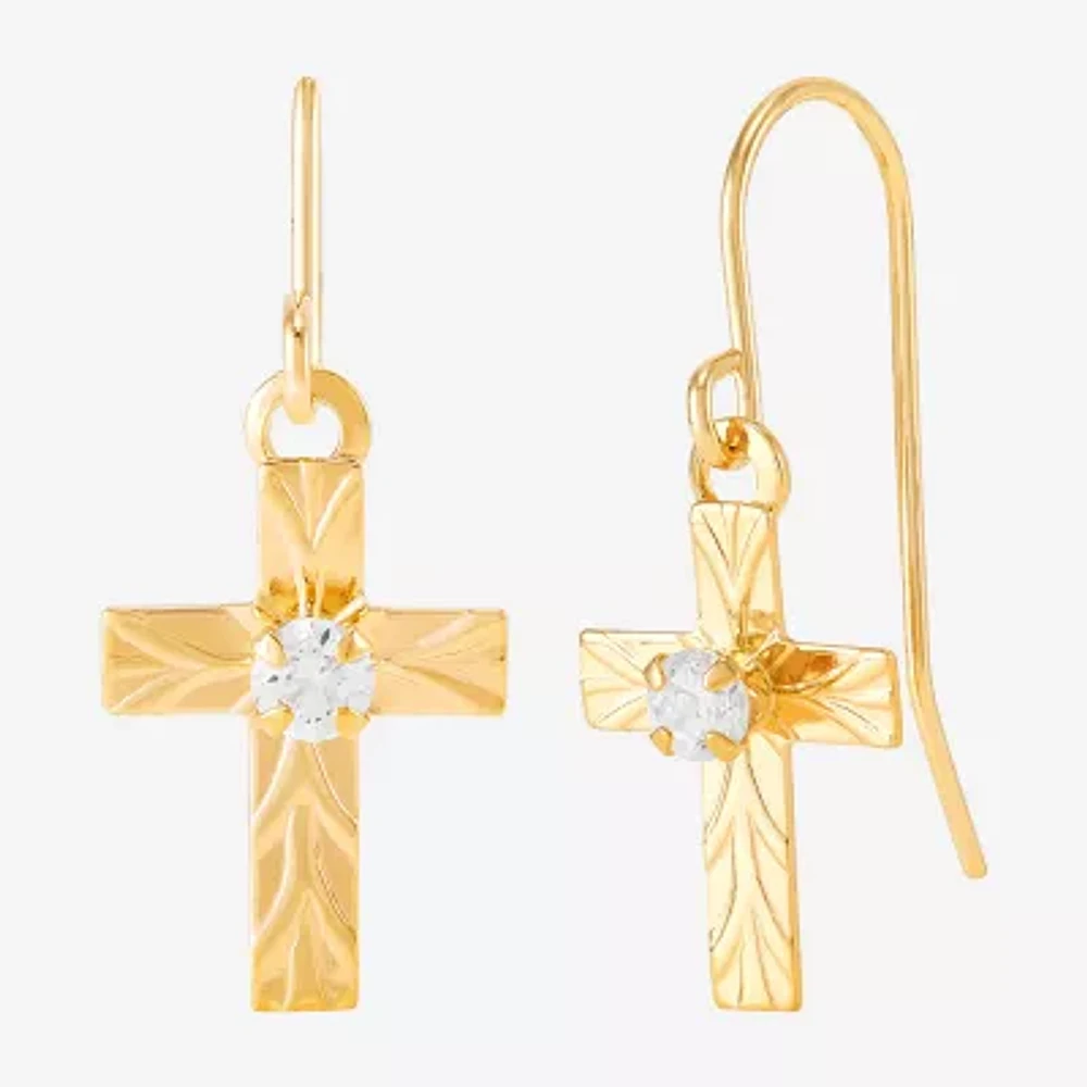 White Cubic Zirconia 10K Gold Cross Drop Earrings