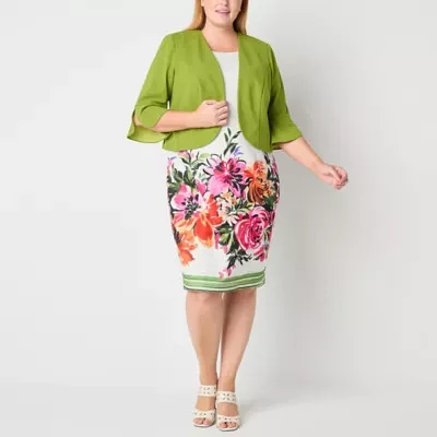 Maya Brooke Womens Floral Jacket Dress Plus