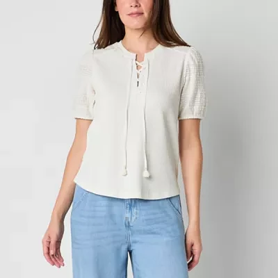 Frye and Co. Womens Split Tie Neck Short Sleeve Blouse