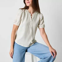 Frye and Co. Womens Split Tie Neck Short Sleeve Blouse