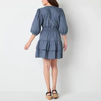 Frye and Co. Womens 3/4 Sleeve Embroidered Fit + Flare Dress