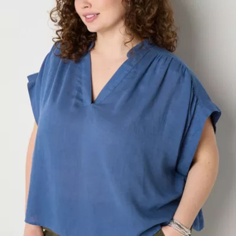 a.n.a Plus Womens Split Crew Neck Short Sleeve Blouse