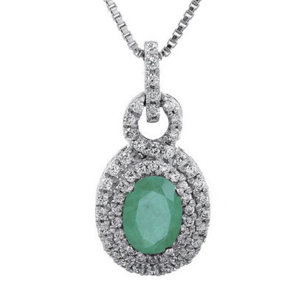 1/3 CT. T.W. Diamond and Genuine Emerald 10K Gold Oval Drop Pendant Necklace