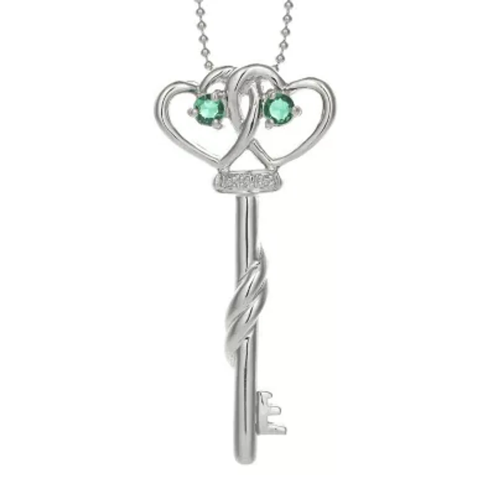 Lab-Created Emerald and Diamond-Accent Double-Heart and Key Pendant Necklace