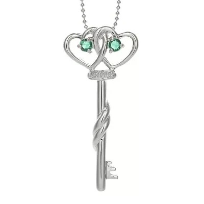 Lab-Created Emerald and Diamond-Accent Double-Heart and Key Pendant Necklace