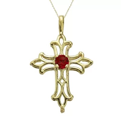 Lab-Created Ruby 10K Yellow Gold Cross Pendant Necklace