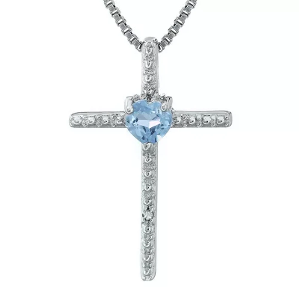 Simulated Aquamarine and Diamond-Accent Sterling Silver Cross and Heart Pendant Necklace