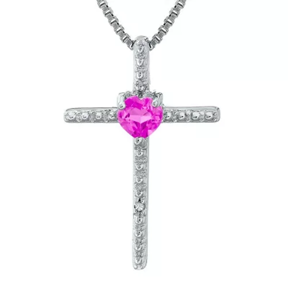 Lab-Created Pink Sapphire and Diamond-Accent Sterling Silver Cross and Heart Pendant Necklace