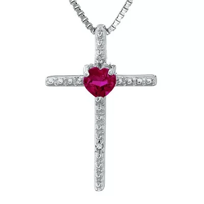 Lab-Created Ruby and Diamond-Accent Sterling Silver Cross and Heart Pendant Necklace