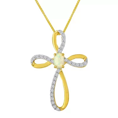 Lab-Created Opal and White Sapphire Cross Pendant Necklace 