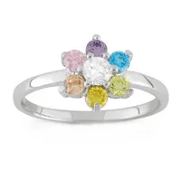 Girls Multi Color Cubic Zirconia Sterling Silver Flower Delicate Cocktail Ring