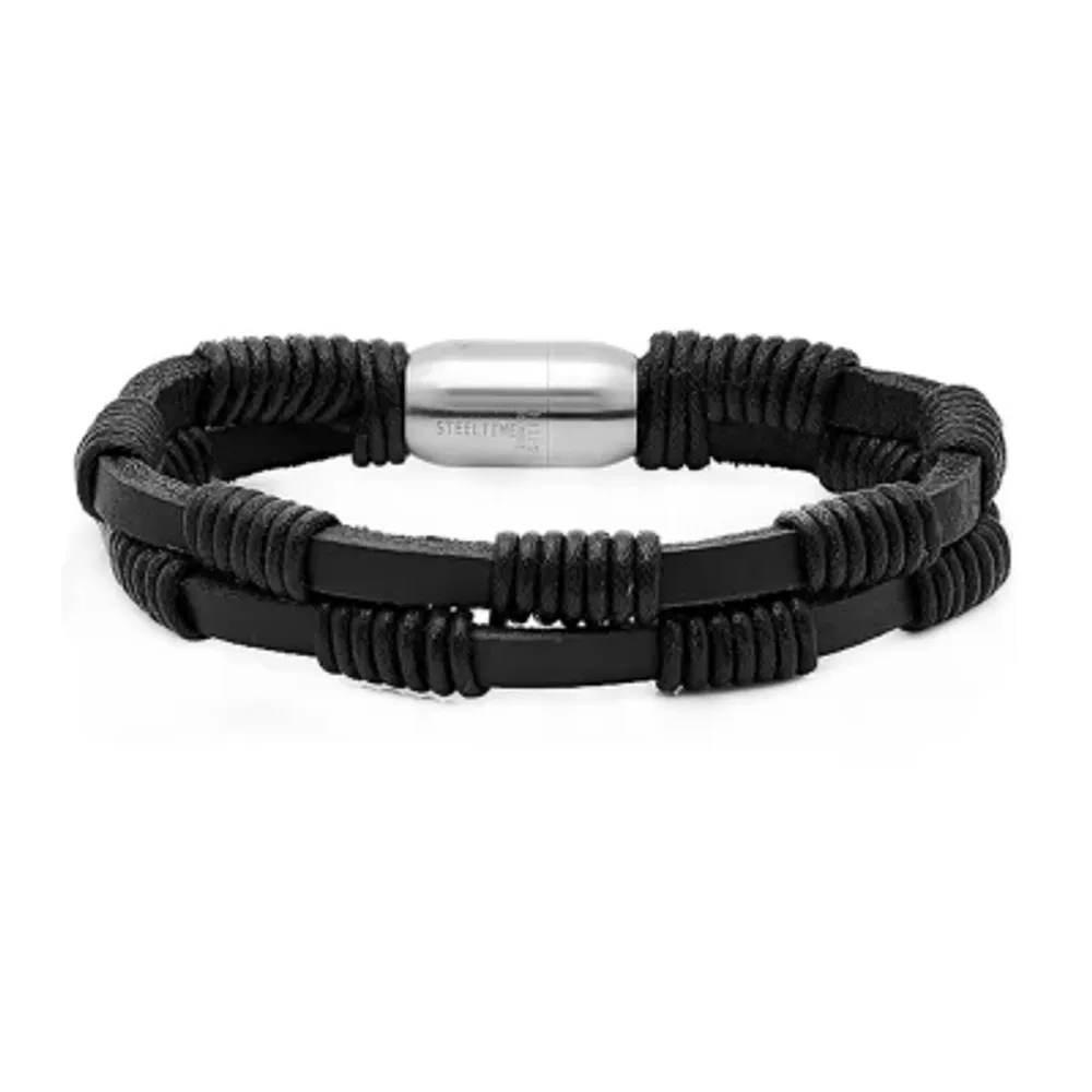 Black Leather Mens Stainless Steel Wrap Bracelet