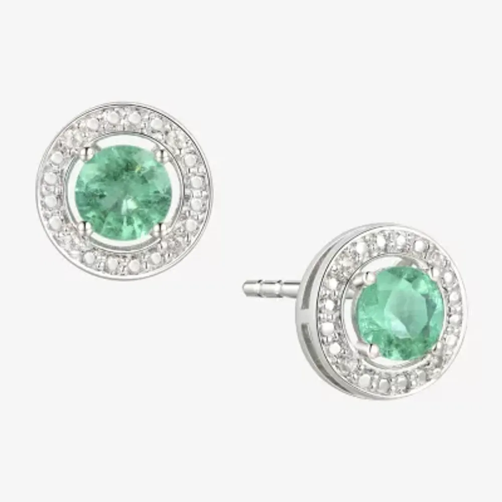 Diamond Accent Genuine Green Emerald Sterling Silver 6mm Stud Earrings