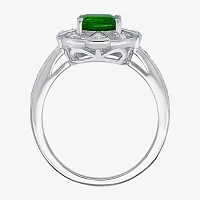 Womens Genuine Green Chrome Diopside Sterling Silver Halo Side Stone Cocktail Ring