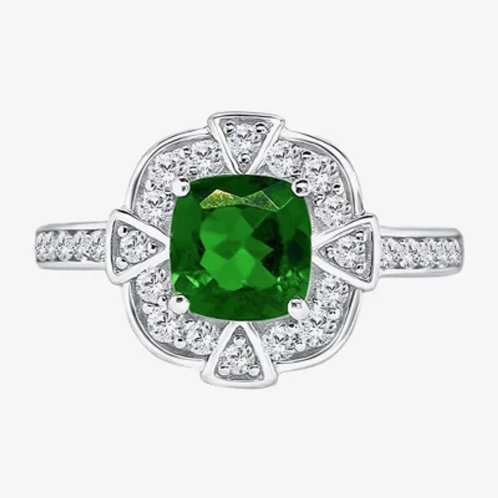Womens Genuine Green Chrome Diopside Sterling Silver Halo Side Stone Cocktail Ring