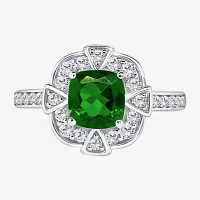 Womens Genuine Green Chrome Diopside Sterling Silver Halo Side Stone Cocktail Ring