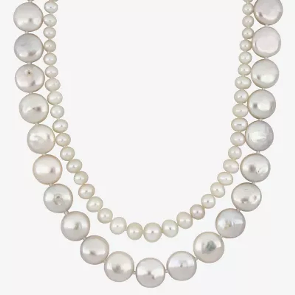 Womens White Cultured Freshwater Pearl Sterling Silver Strand Necklace